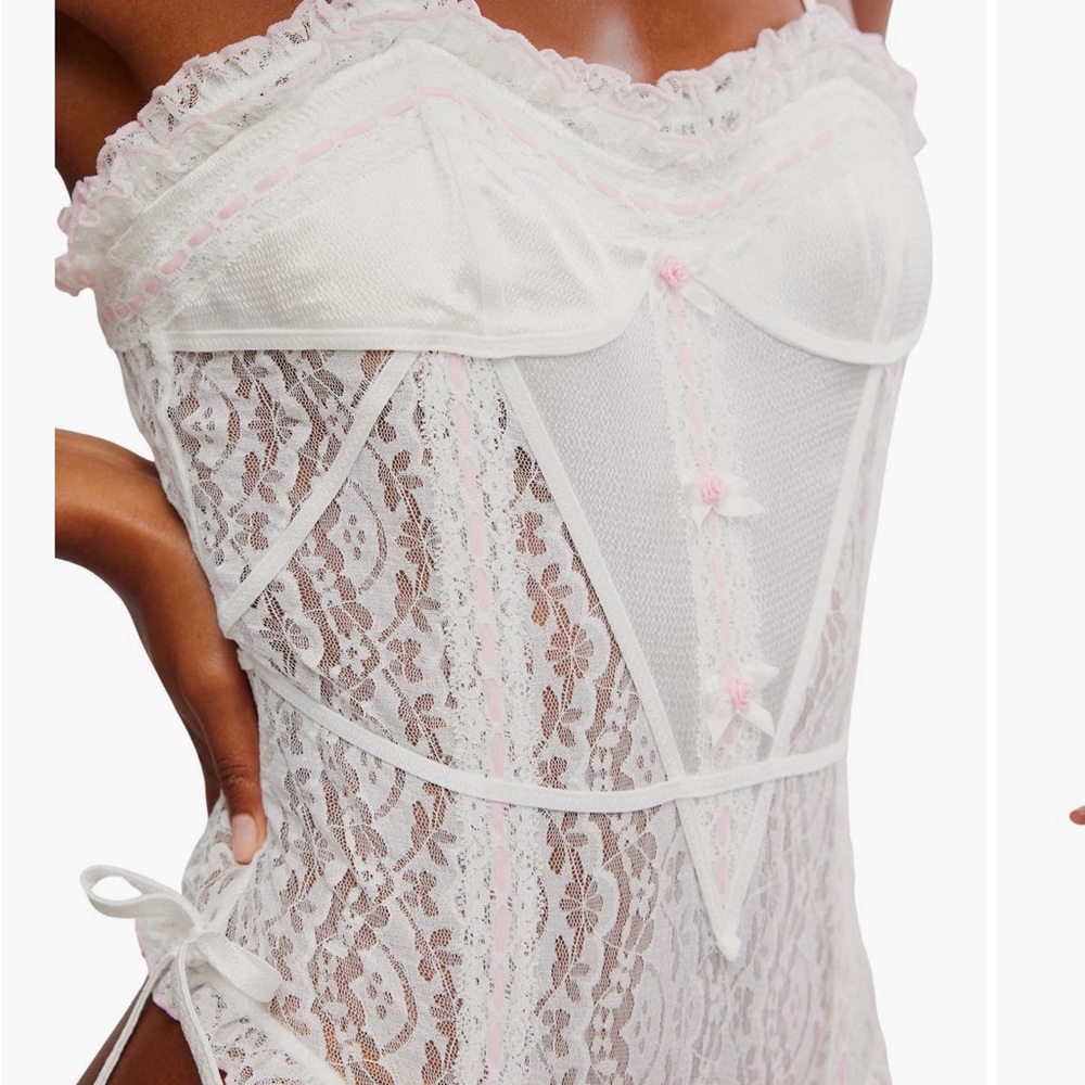 Free People White and Pink Lace Thong Bodysuit